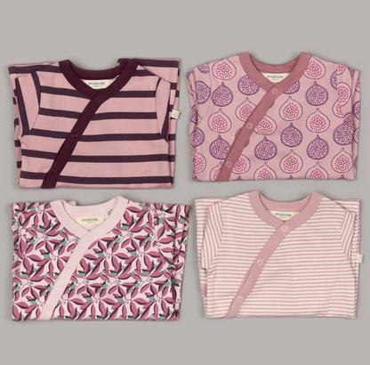 Range shot — all four kimono sleepsuit colourways; this listing (top-left) identified; fig print, bird print and fine stripe variants described.