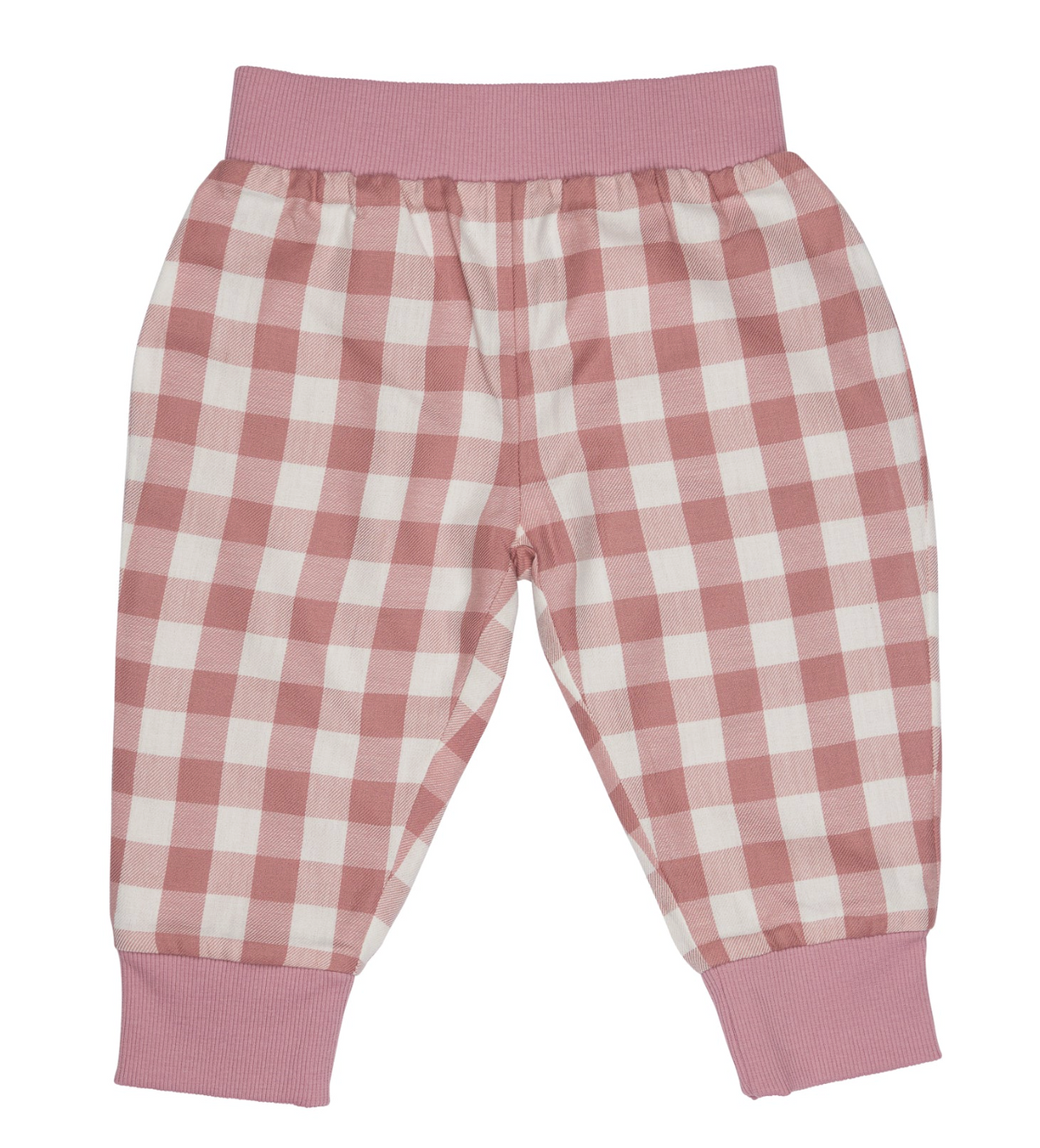 Front flat — large-scale dusty rose/cream gingham; deep ribbed waistband; relaxed hip-room silhouette; matching ribbed ankle cuffs.