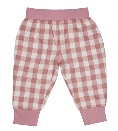 Front flat — large-scale dusty rose/cream gingham; deep ribbed waistband; relaxed hip-room silhouette; matching ribbed ankle cuffs.