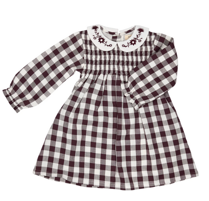 Full dress flat lay — bold fig/cream gingham; embroidered Peter Pan collar overview; smocked bodice rows; full A-line skirt; gathered cuffs.