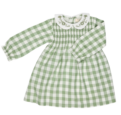 Full dress flat lay — sage/cream gingham; tonal green embroidered collar overview; smocked bodice; full A-line skirt; gathered cuffs.