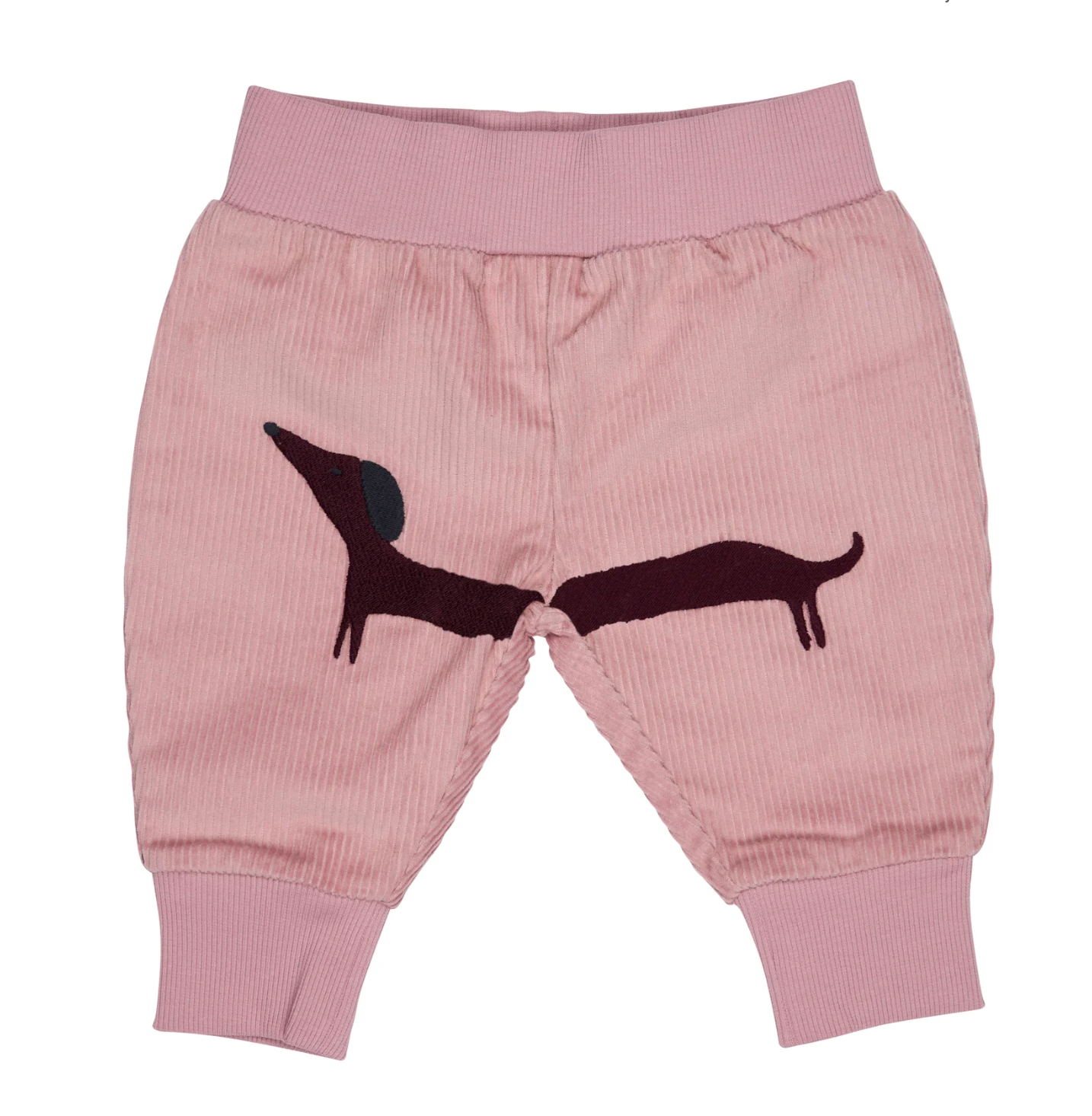 Front flat — blush fine-wale cord; large spanning plum dachshund embroidery across both legs; deep ribbed waistband; harem silhouette; ribbed ankle cuffs.