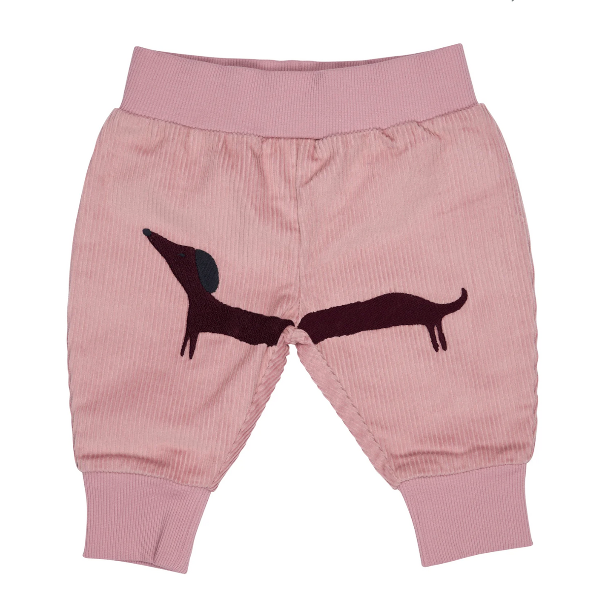 Front flat — blush fine-wale cord; large spanning plum dachshund embroidery across both legs; deep ribbed waistband; harem silhouette; ribbed ankle cuffs.