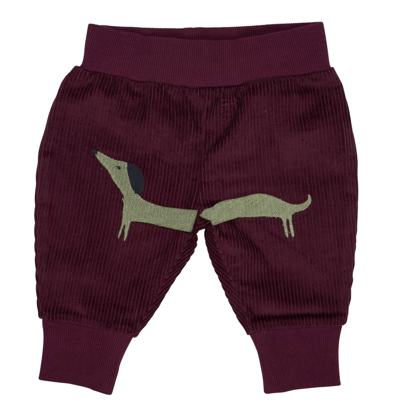 Front flat — deep fig/plum medium-wale cord; large spanning sage green dachshund embroidery across both legs; deep plum ribbed waistband; harem silhouette; plum ribbed ankle cuffs.