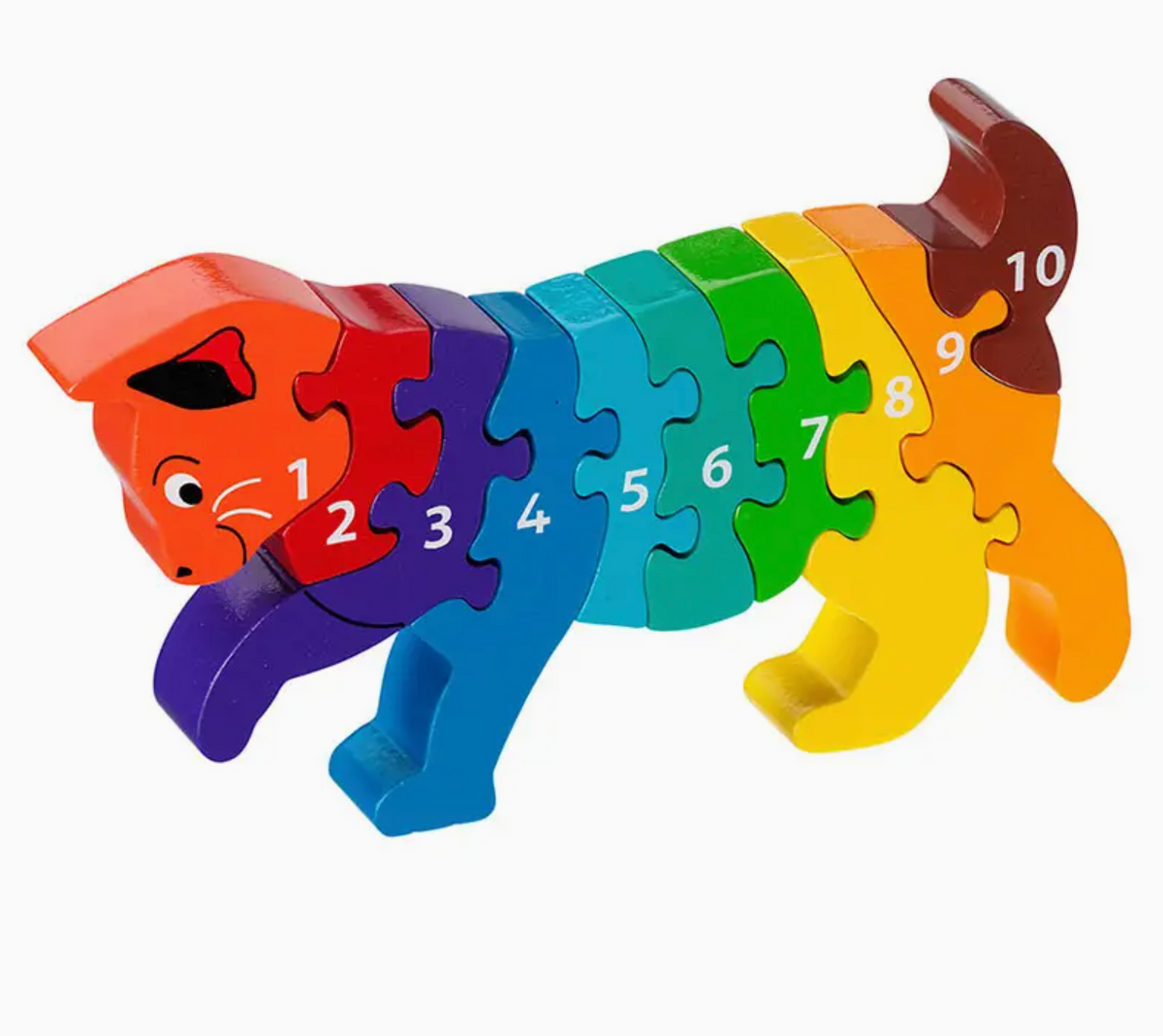 Full assembled cat; rainbow pieces 1–10 from orange-red head to dark brown tail; white numbers on each piece; prowling walking pose with all four legs; detailed painted face with whiskers, black nose and eye; 25mm thick pieces