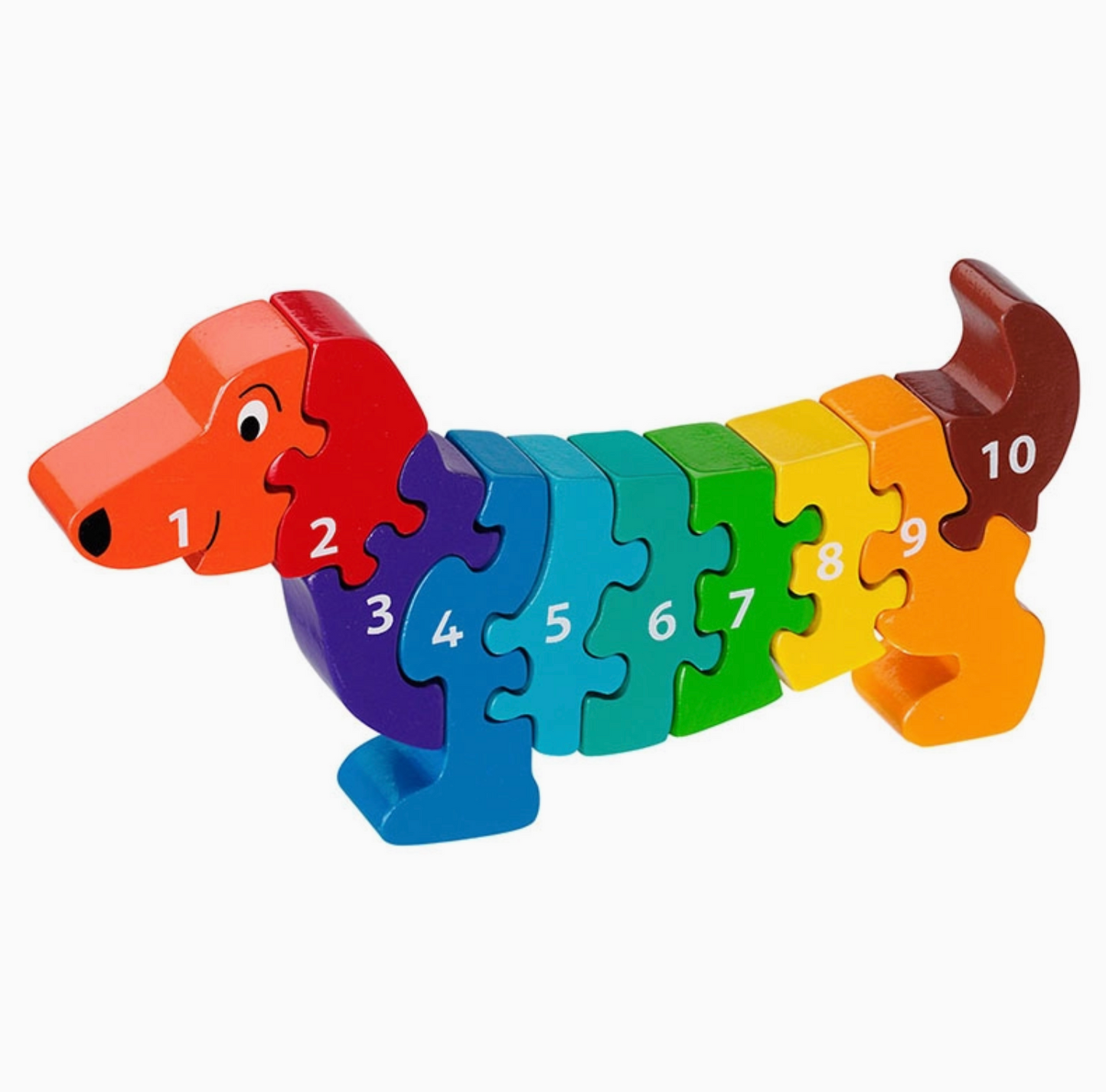 Assembled dachshund; rainbow pieces 1–10 orange-red to chocolate brown; white numbers; drooping-eared characterful face; front and rear legs visible; long low body in walking pose