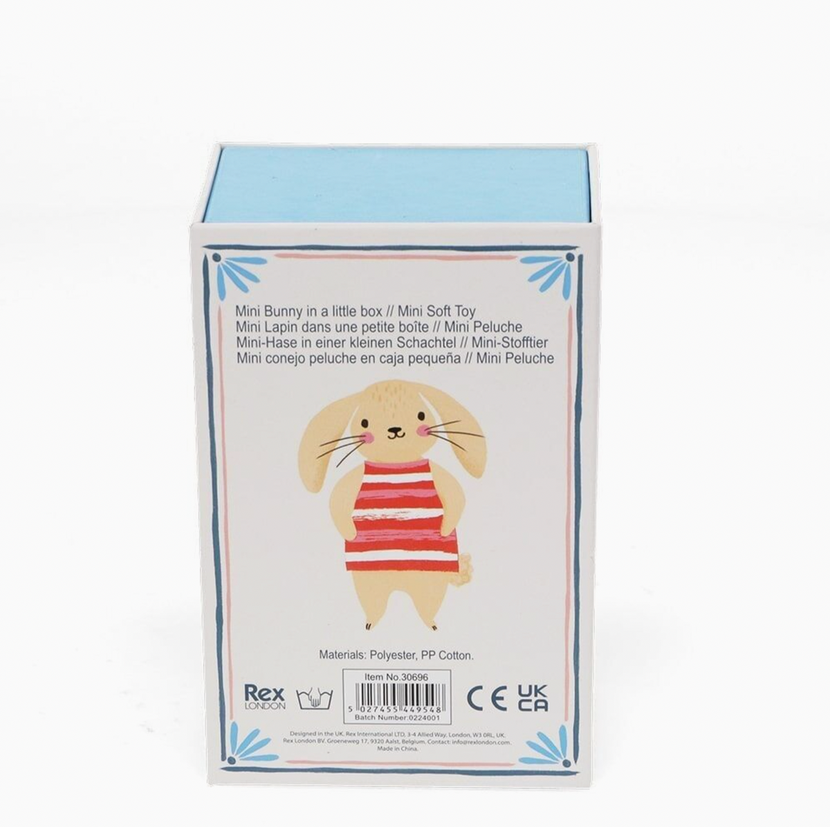 Box back panel; multilingual product name; Materials: Polyester PP Cotton; Rex London logo; barcode; CE/UKCA marks