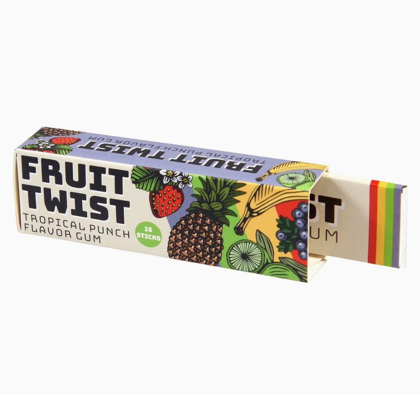 Box closed at angle, drawer slightly ajar; full Fruit Twist branding; convincing gum pack disguise; rainbow stripes on drawer end