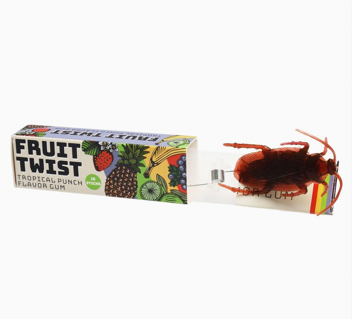 Box flat, drawer open, cockroach extended on spring; full Fruit Twist branding visible; tropical fruit illustration; rainbow stripe tab