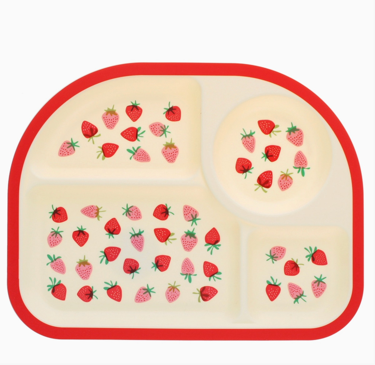 Top-down view; arch-shaped cream plate with red rim; four sections: large rectangle top left, small circle top right, wide rectangle bottom left, small square bottom right; red and blush pink scattered strawberry pattern in each section