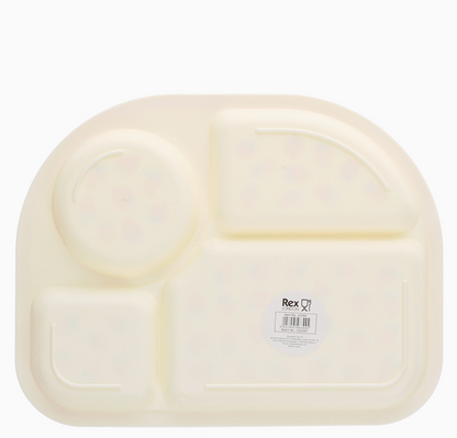 Reverse/underside; plain cream; moulded construction; Rex London barcode sticker centre base; no suction cup