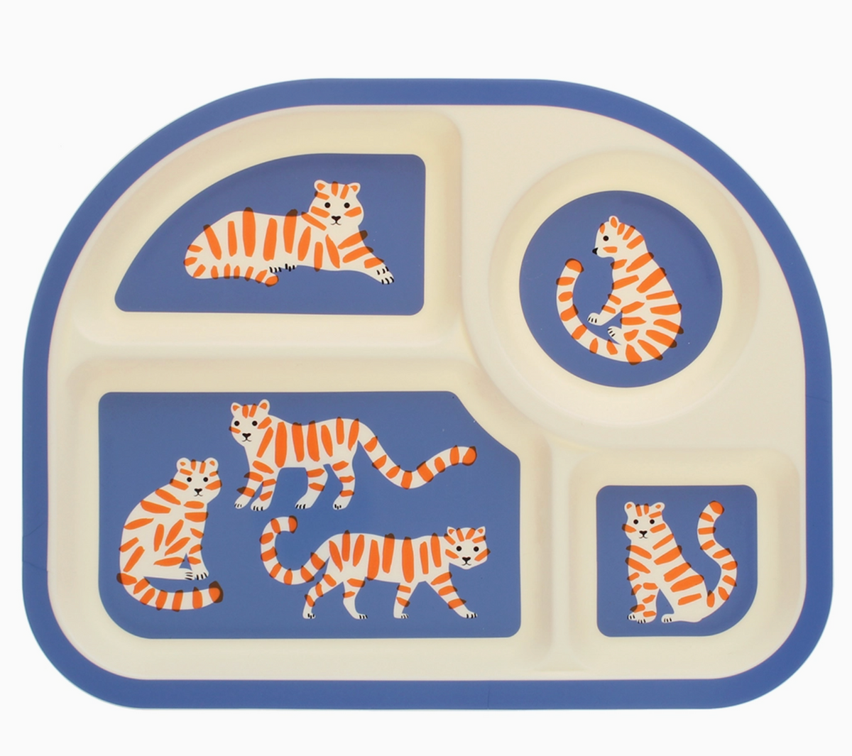 Top-down; arch-shaped cream plate with cornflower blue rim and blue section backgrounds; four sections each with a tiger: reclining top left, sitting in circle top right, group of three bottom left, seated bottom right; Rex London flat graphic style