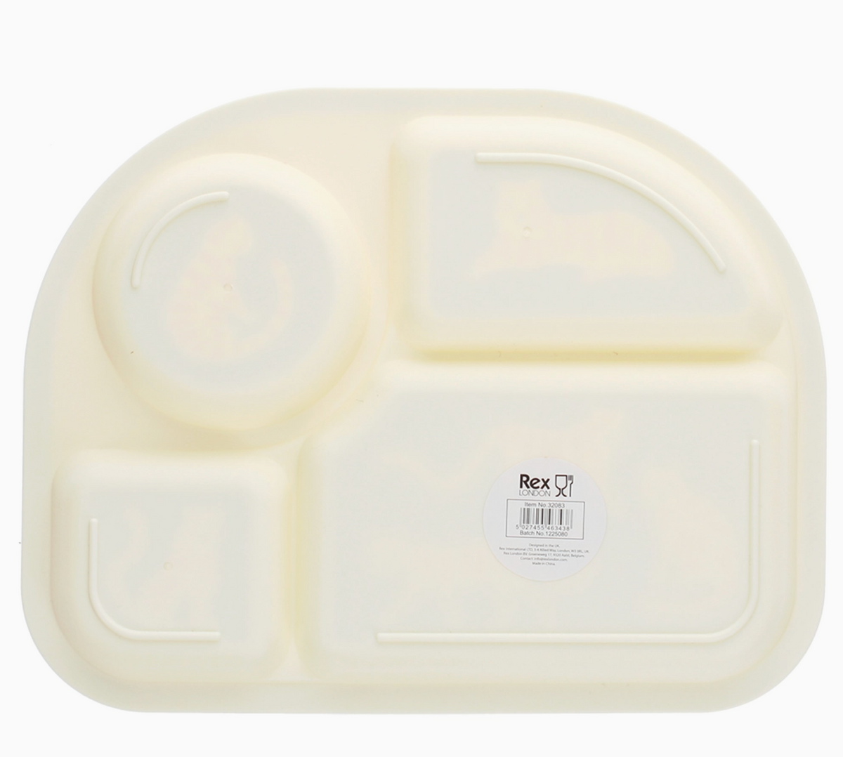 Reverse/underside; plain cream; moulded construction; Rex London barcode sticker; no suction cup