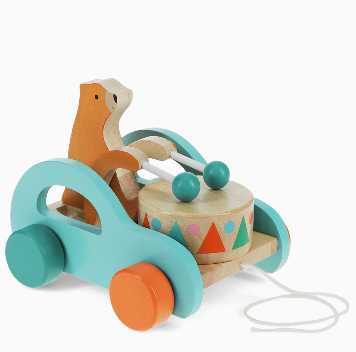 Three-quarter front view; teal car body; orange front wheels, teal rear wheels; orange bear; geometric drum; teal ball drumstick arms; white pull cord; teal arch frame