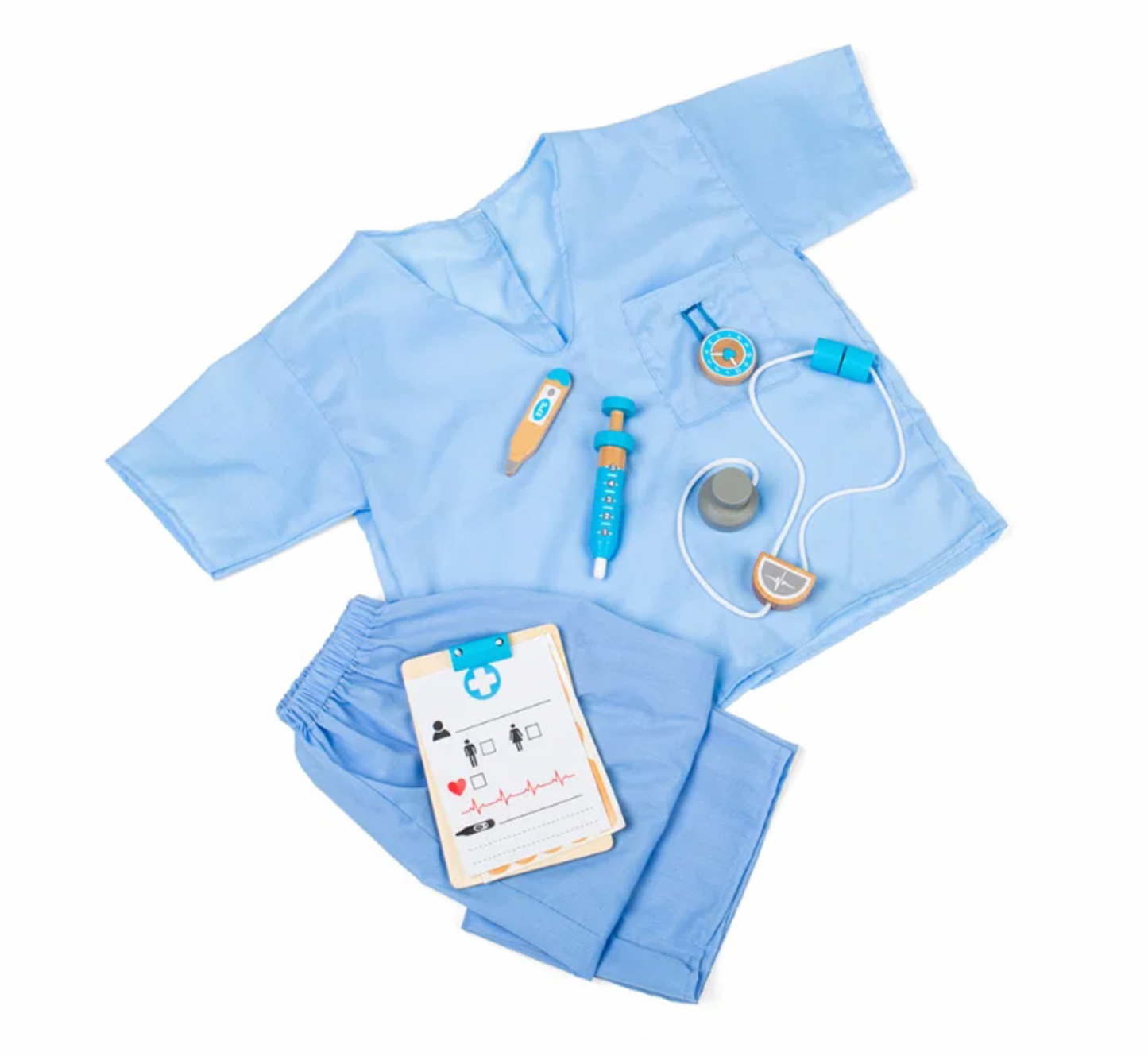 Complete flat lay — top, trousers and all accessories; what's in the box