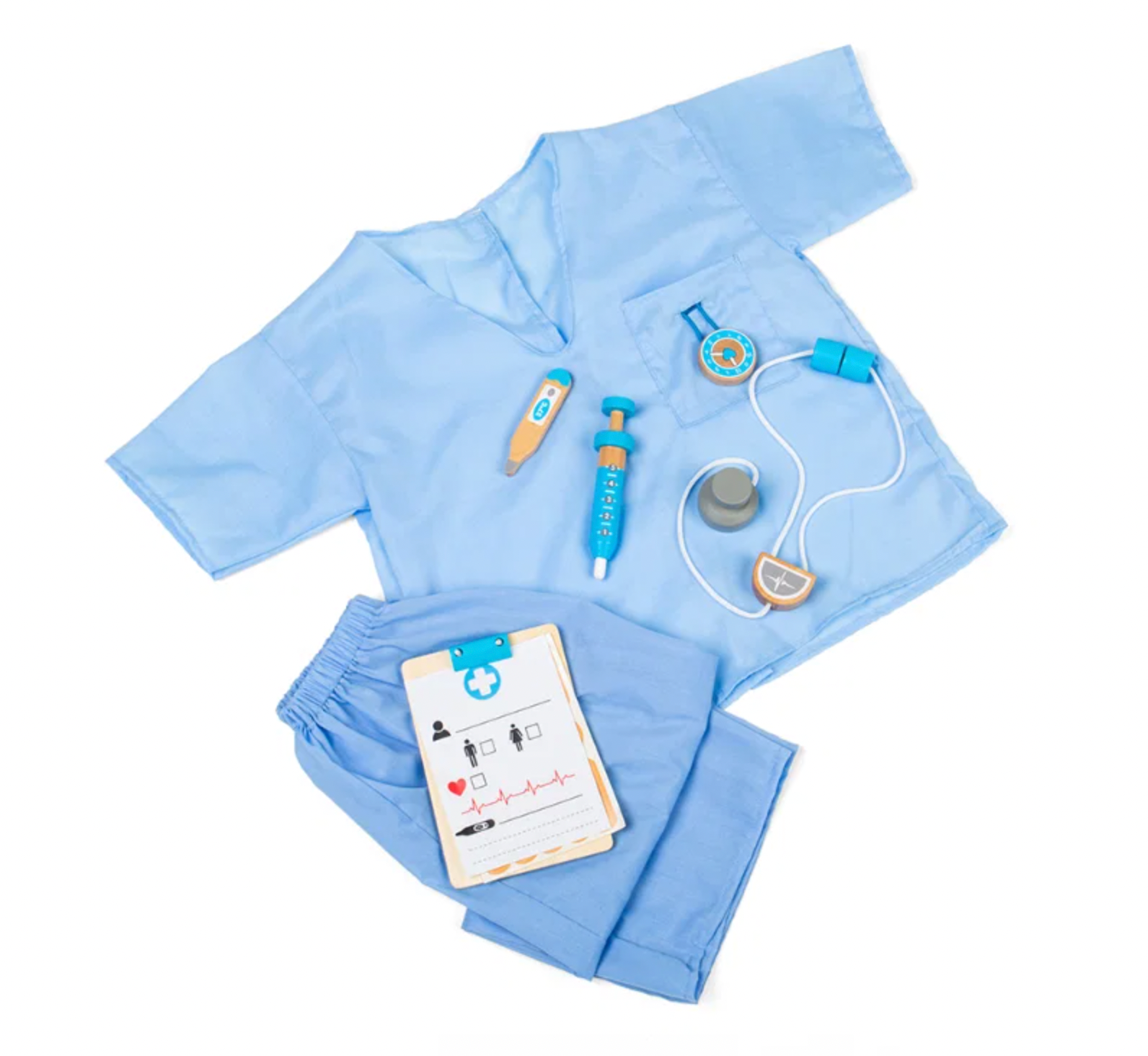 Complete flat lay — top, trousers and all accessories; what's in the box