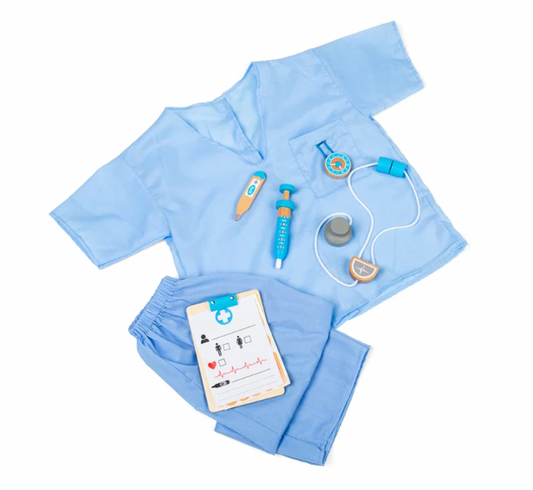 Complete flat lay — top, trousers and all accessories; what's in the box