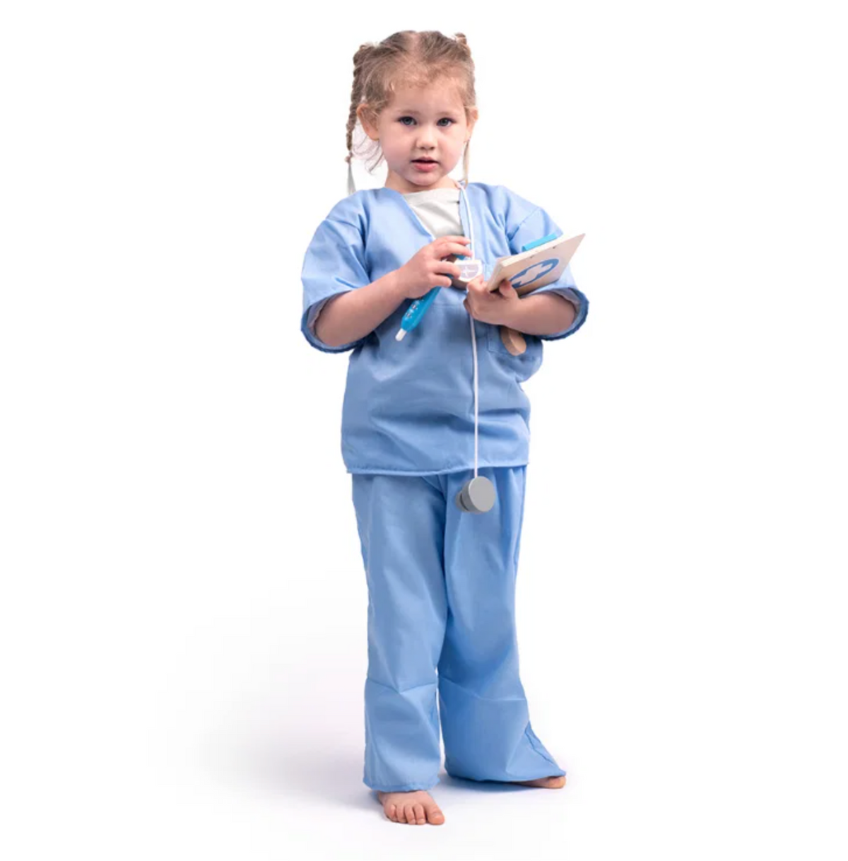 Girl model, barefoot — blue cuff trim visible, stethoscope, syringe and clipboard; unisex design demonstrated
