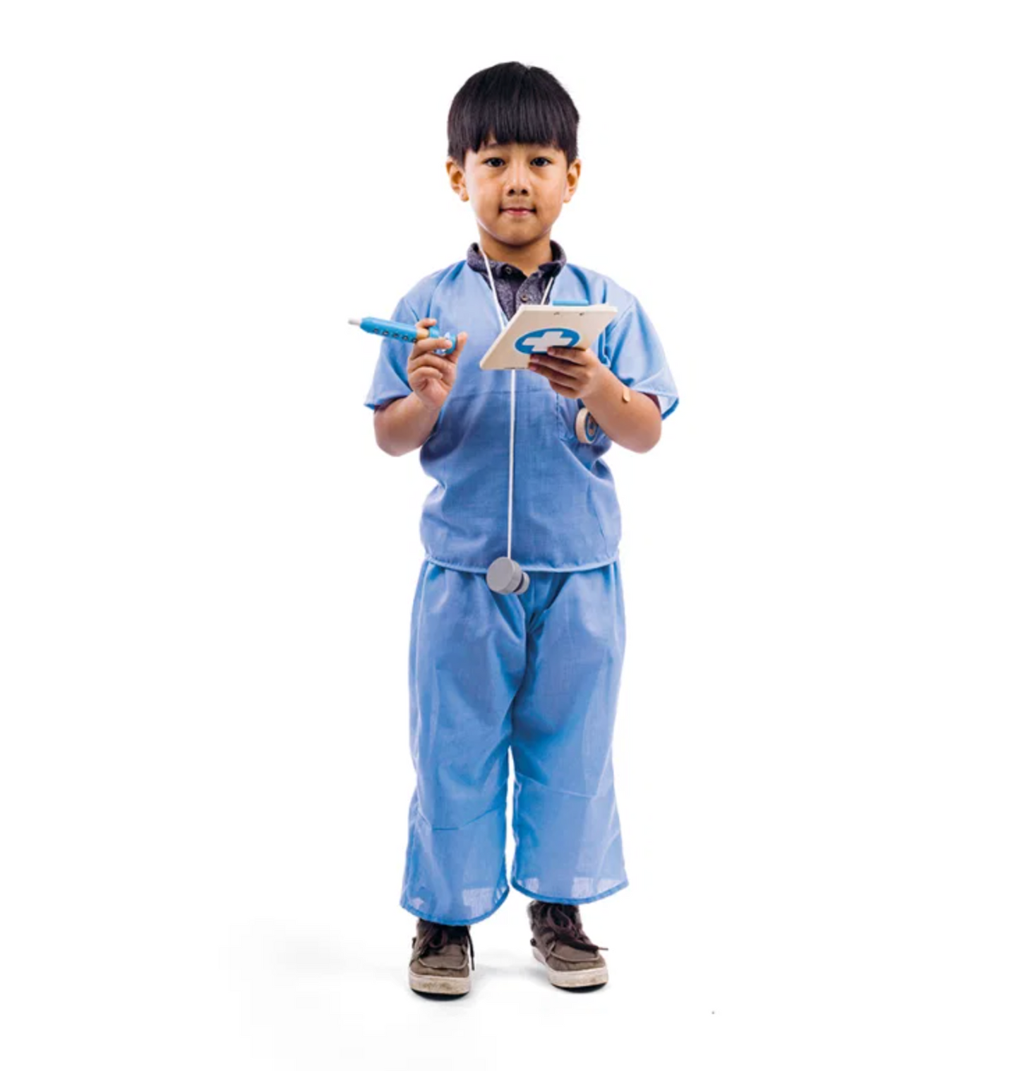 Boy model, front-facing — full costume, syringe and clipboard in hands, stethoscope around neck
