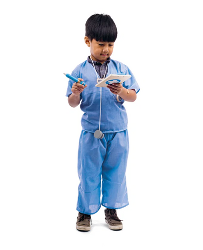 Boy model, looking down at clipboard — pocket watch clipped to breast, stethoscope drape detail