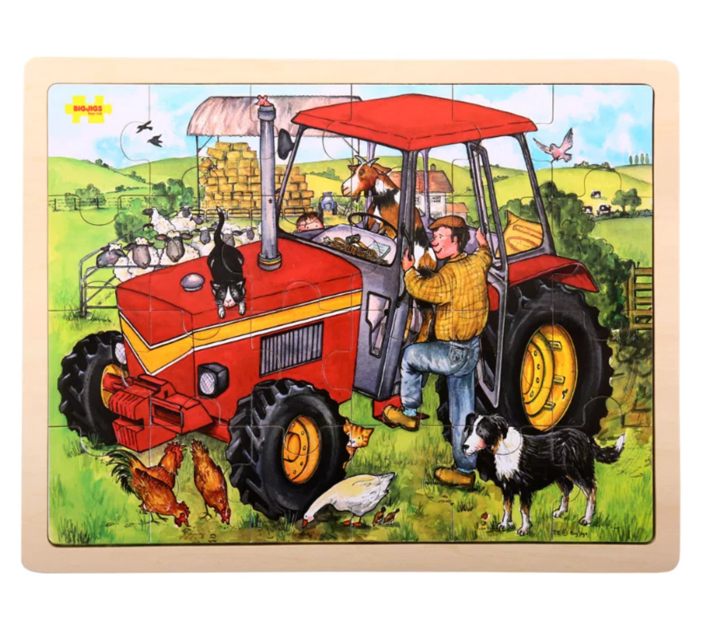 Fully assembled in natural wood tray; red vintage tractor with yellow rims; farmer climbing steps; horse/donkey in cab window; child at wheel; cat on bonnet; ginger cat in grass; Border Collie; chickens; sheep in background; cows on distant hills; hay bales; farm buildings; birds