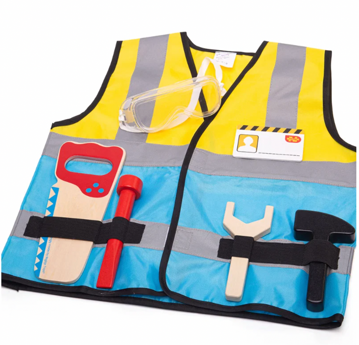 Full costume flat lay — yellow/blue vest with all tools in elastic loops; saw, chisel, spanner, hammer; goggles on top; ID badge in chest pocket