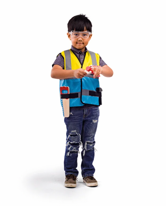 Boy model wearing vest and goggles; holding chisel; saw tucked in loop Image 3: Close-up — saw blade detail, "Lovingly made by Bigjigs Toys" text, spanner and chisel 