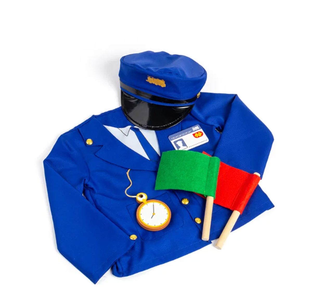 Angled overhead flat lay — jacket, cap, name badge, gold pocket watch with cord chain, green and red flags crossed; warmer lifestyle feel