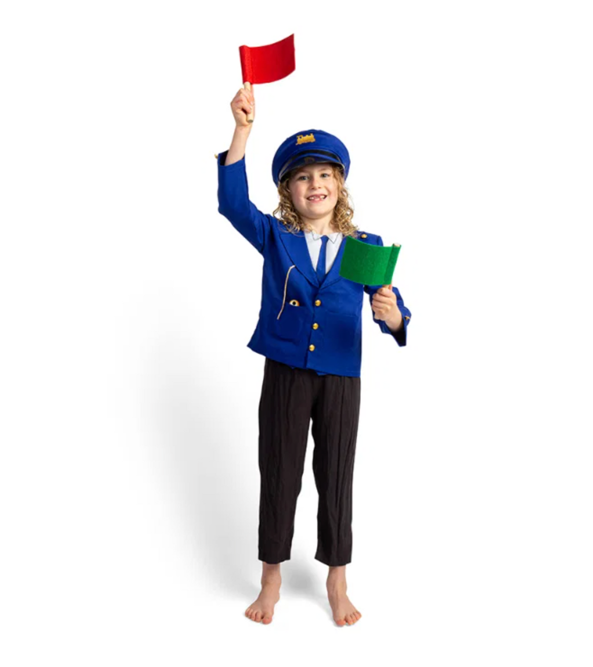 Girl model in full costume — jacket with gold buttons and epaulettes, white cravat, peaked cap with gold train badge; red flag raised high, green flag in left hand; full-length joyful pose