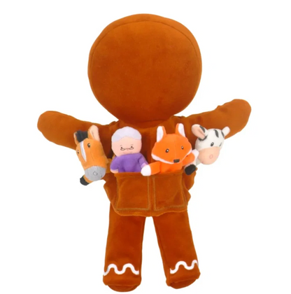 Rear view — back pockets with all four finger puppets stored upright inside; white icing trim at ankles; demonstrates the self-contained storage system