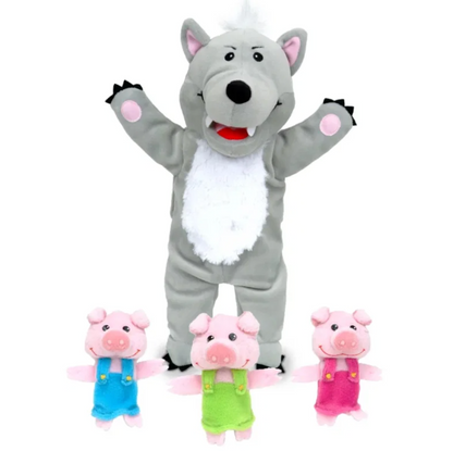 Wolf front — arms raised, menacing furrowed brow, open mouth with teeth, white chest, black claws; three pigs in row: blue, green, pink dungarees