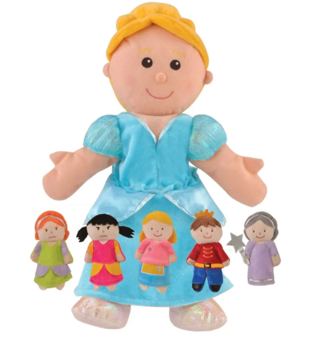 Large Cinderella hand puppet centre; golden blonde bun, brown eyes, powder blue iridescent ball gown, white bow, illustrated skirt; five finger puppets in row: two Ugly Sisters (scowling), Cinderella (pink), Prince (red jacket), Fairy Godmother (lavender, silver star wand)