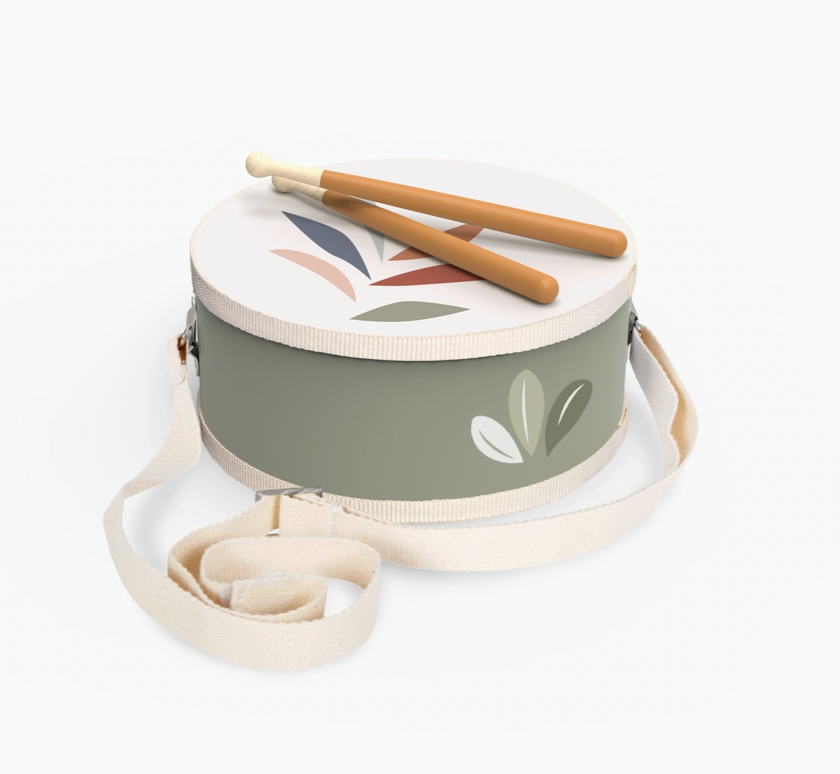 Straight-on 3/4 product shot — drum body, hoops, strap detail and drumsticks from a slightly lower angle