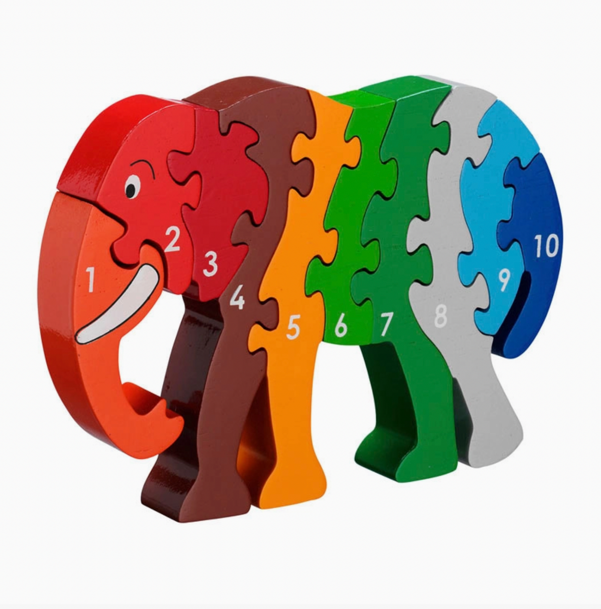 Assembled elephant; large circular red ear, white curving tusk, smiling face, trunk looping to ground; warm-to-cool colour sequence; four legs visible; white numbers 1–10; 133mm tall × 195mm wide