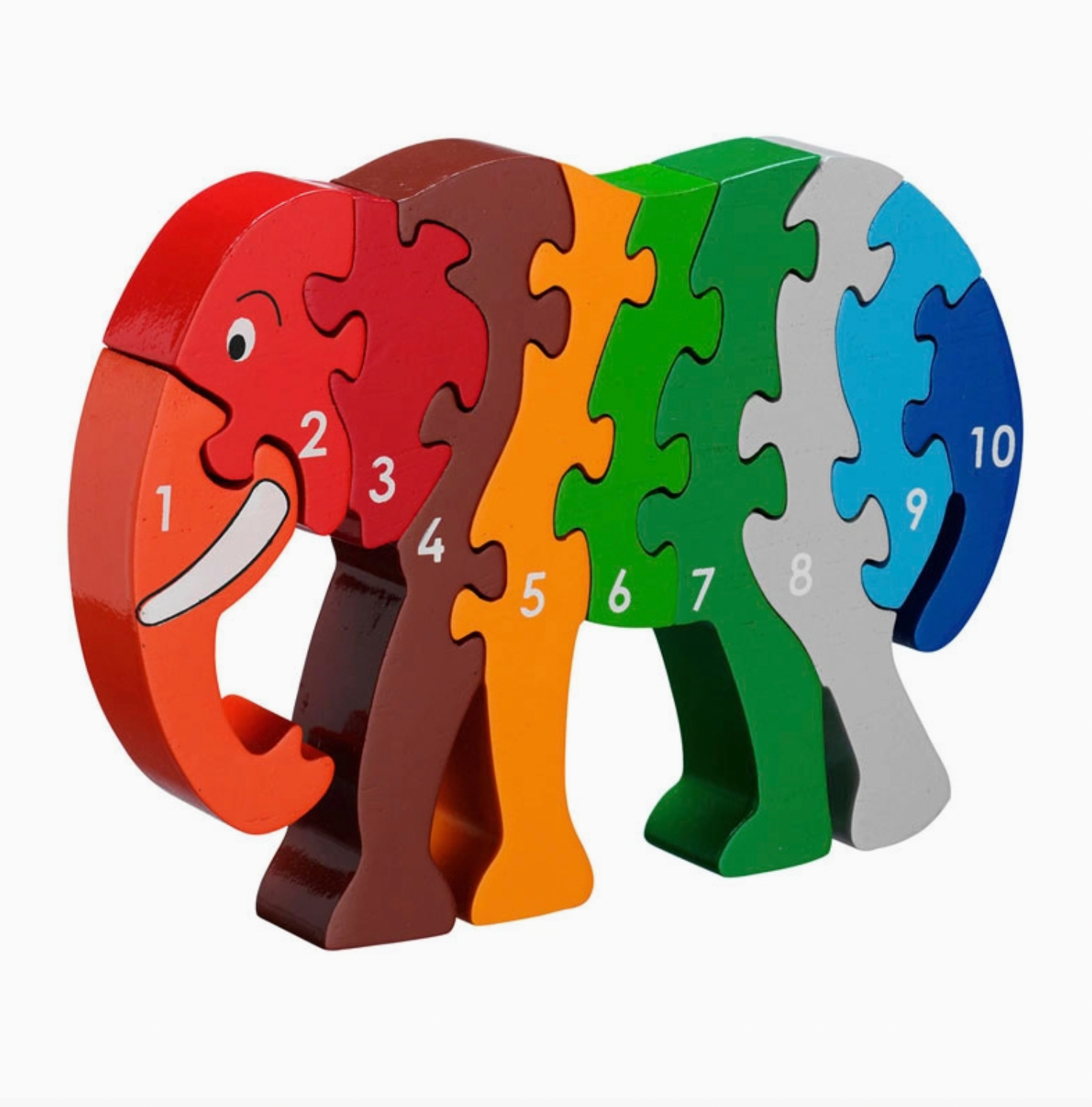 Assembled elephant; large circular red ear, white curving tusk, smiling face, trunk looping to ground; warm-to-cool colour sequence; four legs visible; white numbers 1–10; 133mm tall × 195mm wide