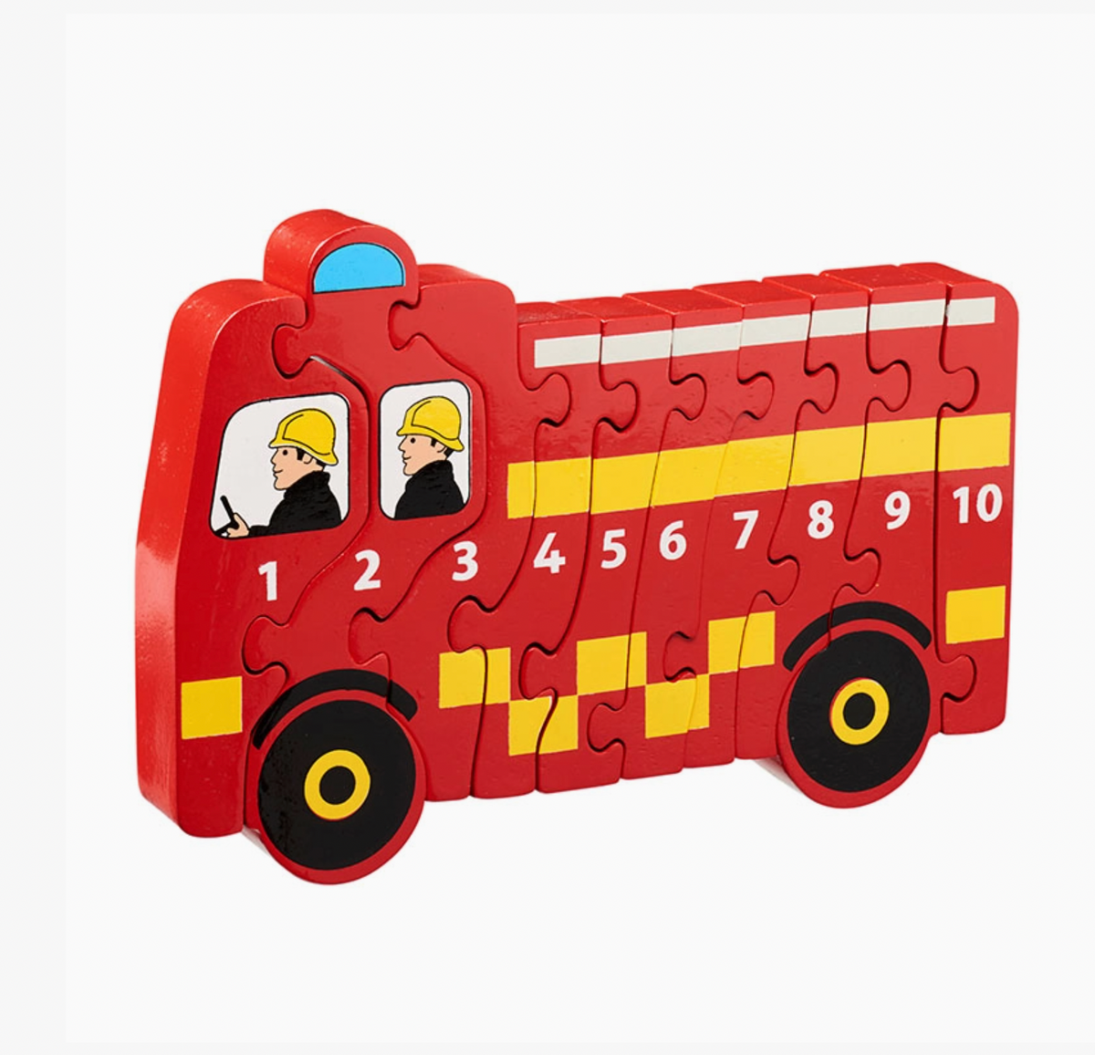 Full red fire engine; cab with two yellow-helmeted firefighters and blue flashing light; white reflective stripe; yellow-black chequered Battenburg livery; two black wheels with yellow hubs; white numbers 1–10 across pieces