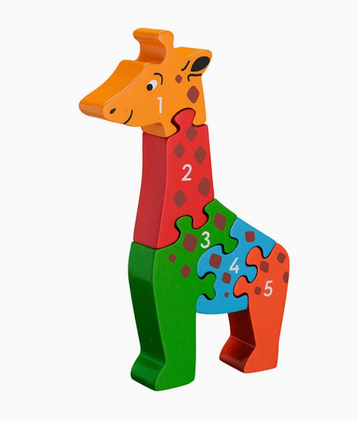 Standing giraffe; 5 pieces in orange, red, green, sky blue and rust; brown diamond spots across all pieces; characterful face with ossicone horns, black eye and nostril marks; white numbers 1–5; upright sculptural silhouette