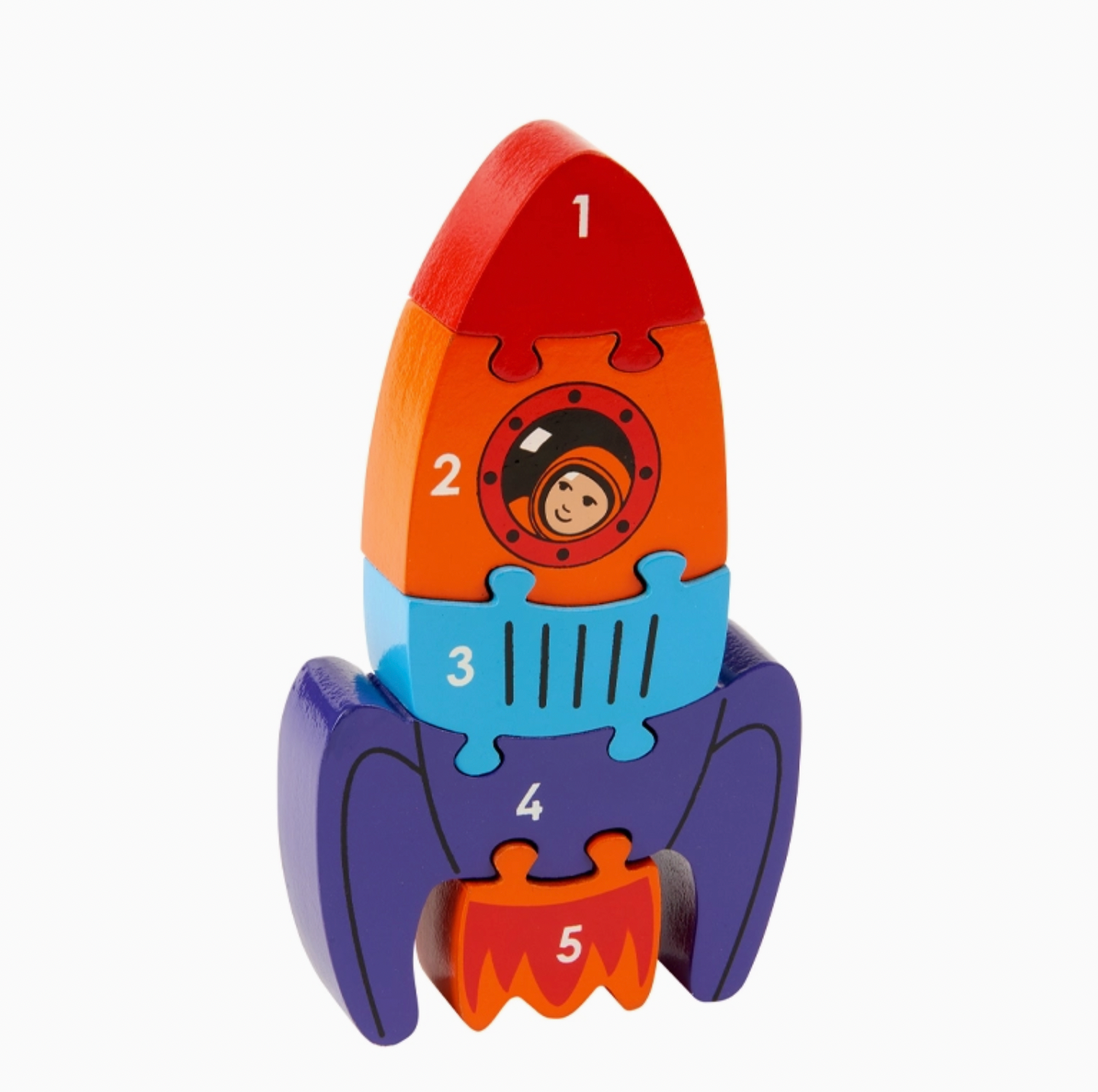 Product shot — 5 pieces stacked nose to engine: red nose cone, orange body with astronaut porthole, sky blue grille band, navy fins, orange-red flame thruster; white numbers 1–5; 180mm tall