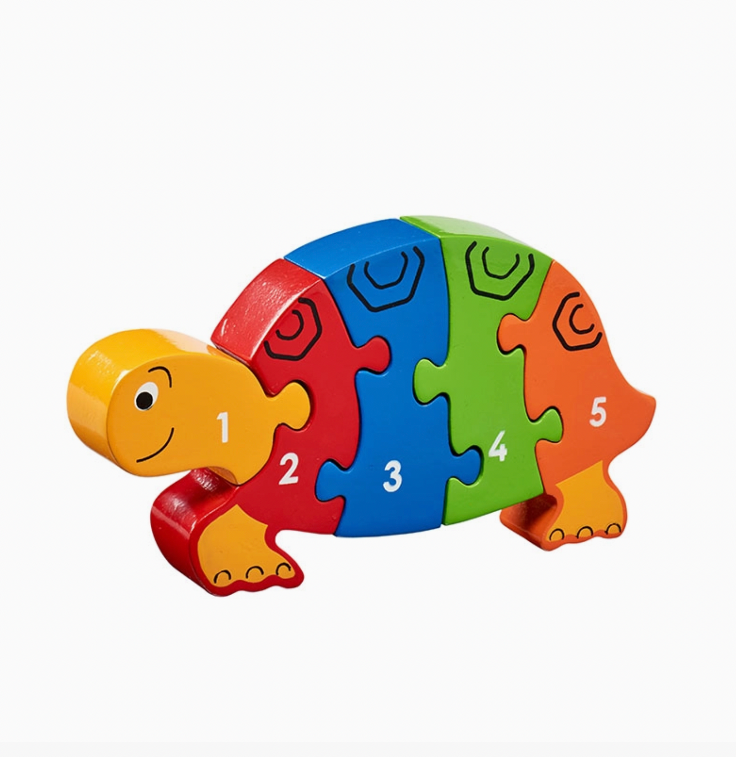 Assembled tortoise; yellow head with dot eye and smile; orange body and four legs with toe detail; five shell pieces in yellow, red, cobalt blue, green and orange; black scute markings across all pieces; white numbers 1–5; 89mm H × 158mm W