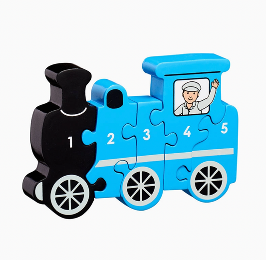 Blue steam locomotive; black boiler with mushroom chimney (piece 1); sky blue body with white horizontal stripe; cab window with waving driver in white peaked cap (piece 4); three black spoked wheels; white numbers 1–5; 104mm H × 154mm W