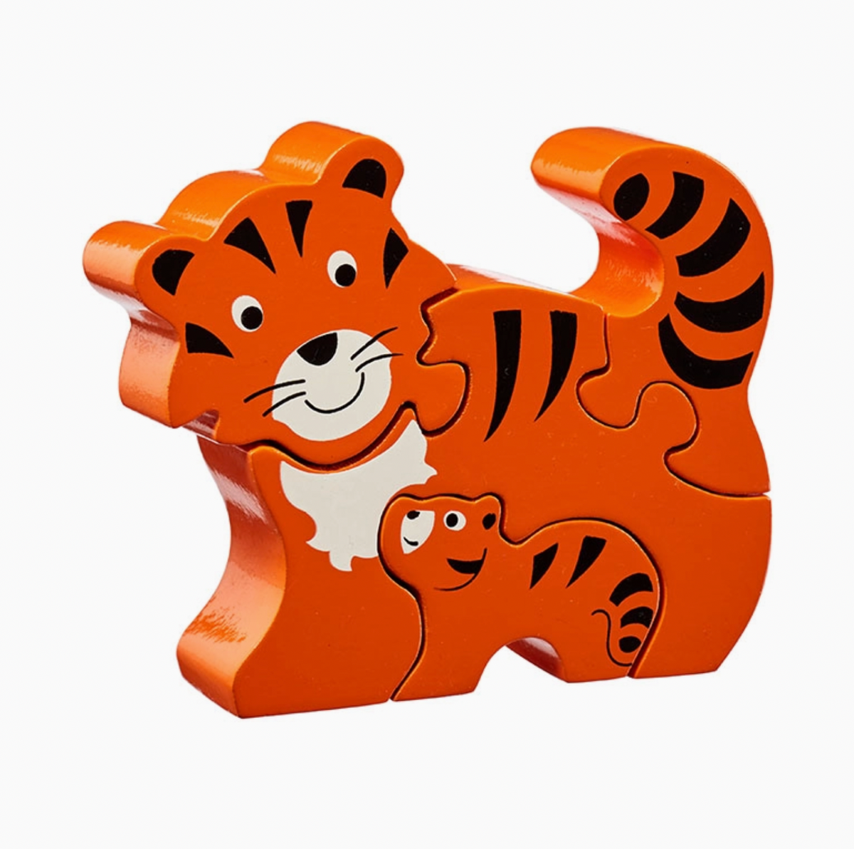 Orange mother tiger (3 pieces) with black diagonal stripes; expressive face with white muzzle, large eyes and curved smile; upright striped tail; orange tiger cub nested beneath belly; freestanding; 115mm W × 92mm H
