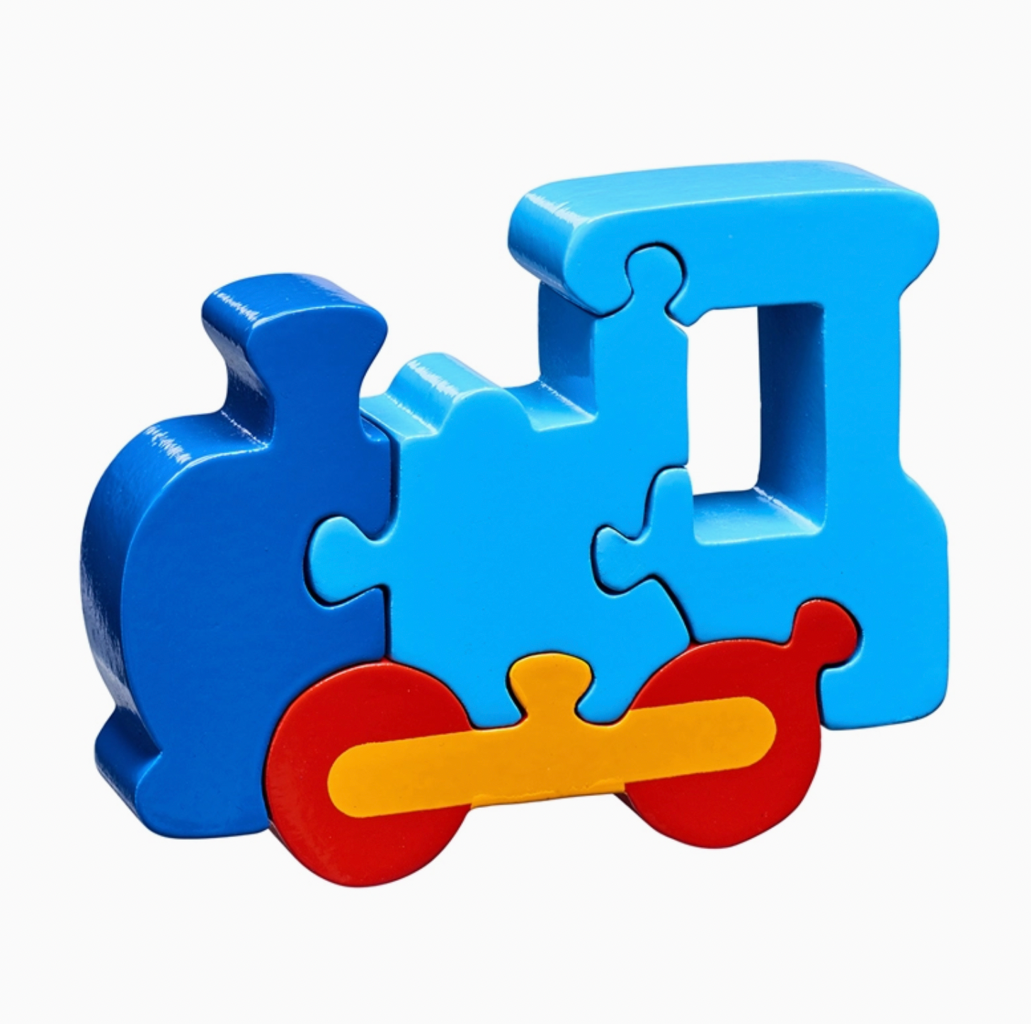 Two-tone blue locomotive; deep cobalt boiler with chimney (piece 1); sky blue cab with open look-through window (piece 2); sky blue lower cab (piece 3); red wheels and yellow footplate bar (piece 4); freestanding; 120mm W × 94mm H