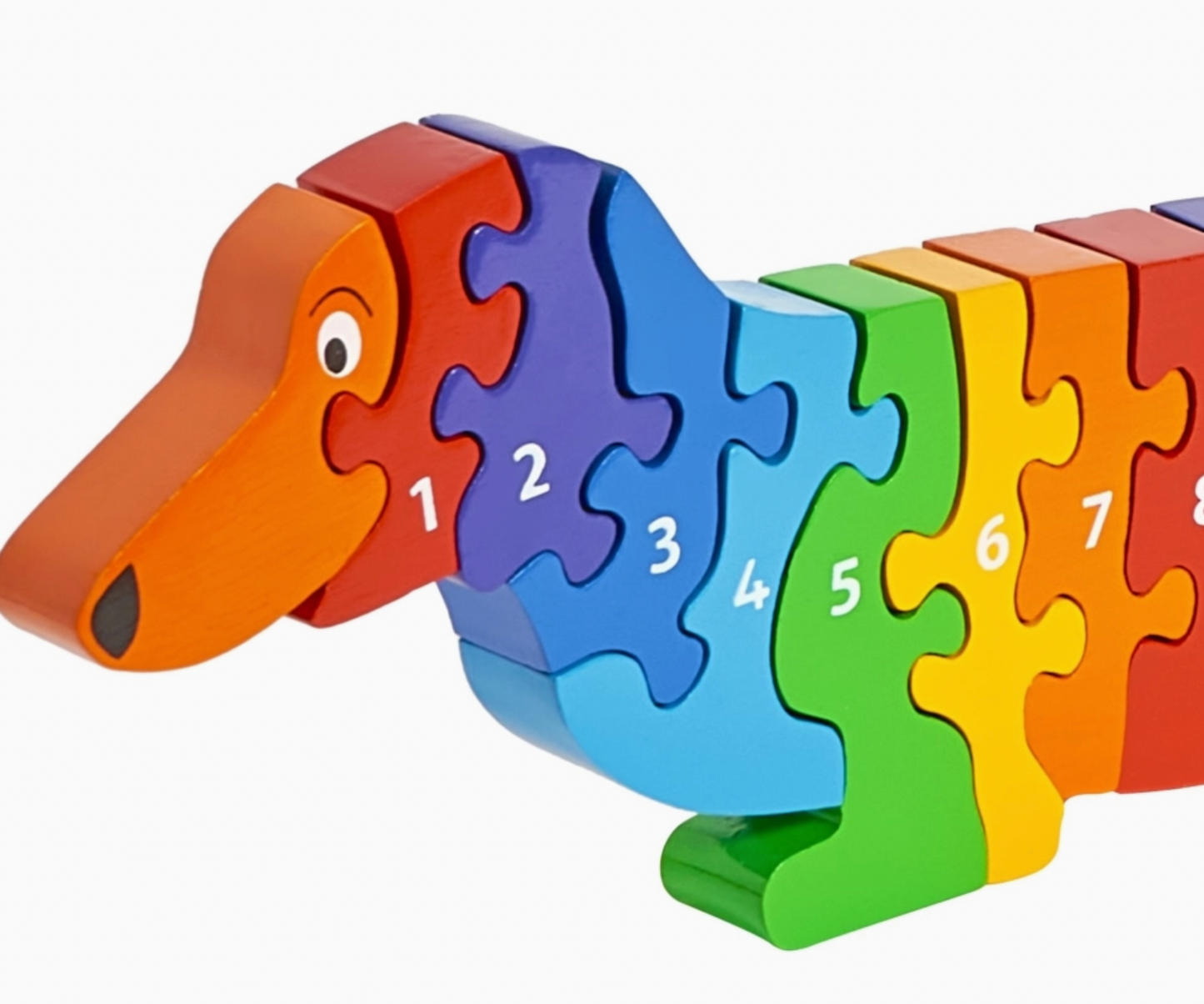 Close-up of head and pieces 1–8; orange head; pieces in orange, purple, indigo, blue, sky blue, green, yellow-green; numbers clearly legible