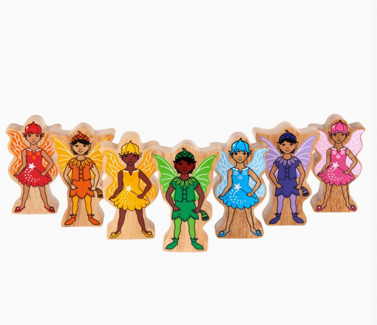 All 7 fairies in rainbow row on white; red, orange, yellow, green, blue, purple, pink; diverse skin tones; individual wing and outfit designs
