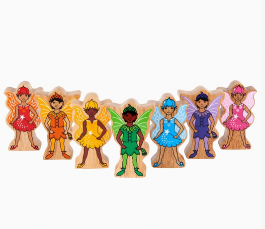 All 7 fairies in rainbow row on white; red, orange, yellow, green, blue, purple, pink; diverse skin tones; individual wing and outfit designs