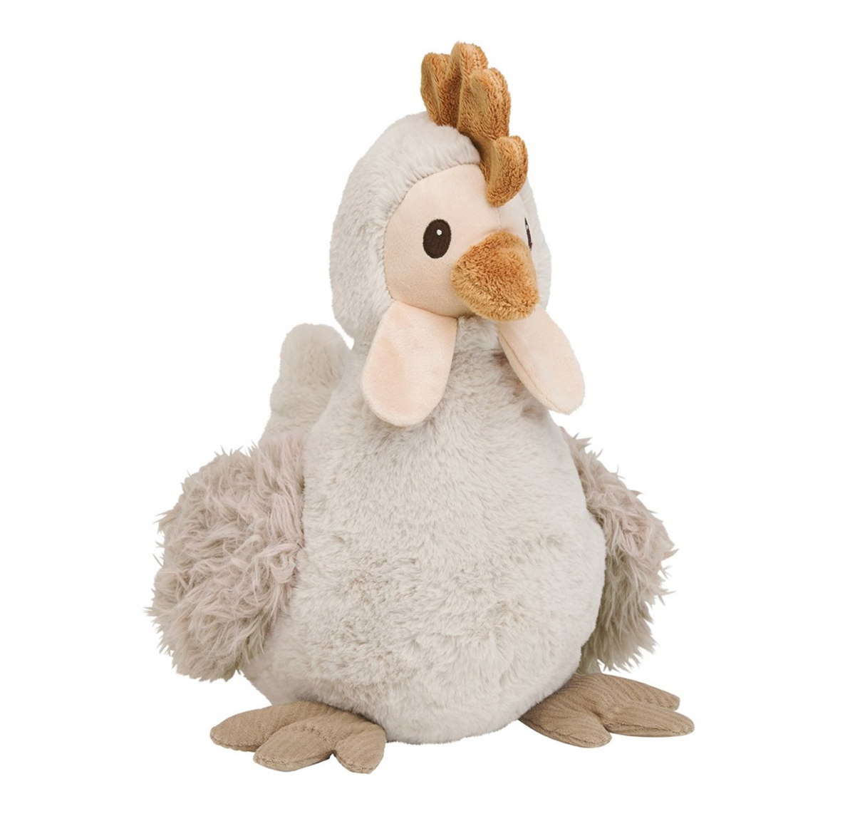 Product shot — round grey body, shaggy wings, golden comb, wide eyes, wing-tip hands, white background