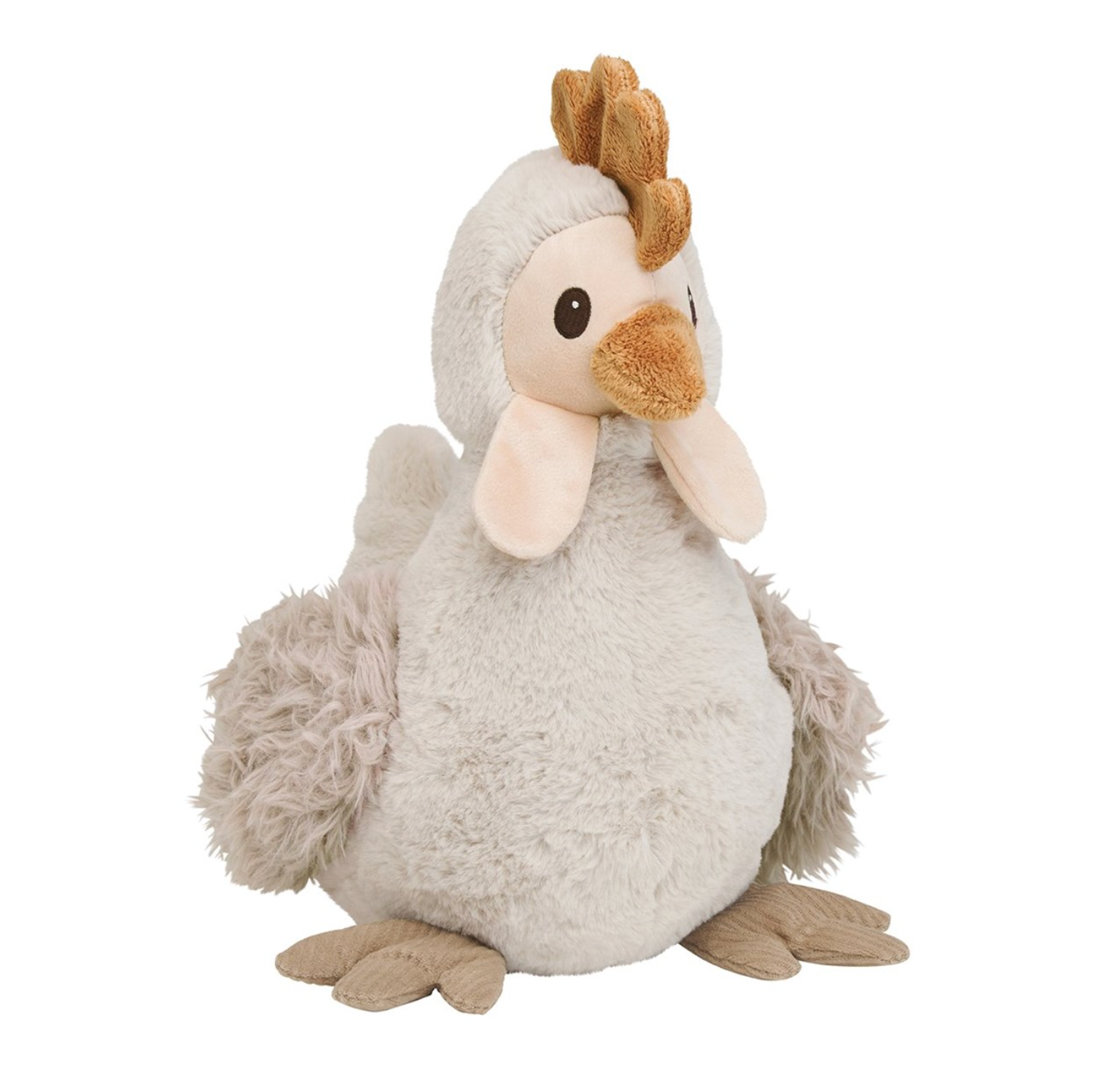 Product shot — round grey body, shaggy wings, golden comb, wide eyes, wing-tip hands, white background