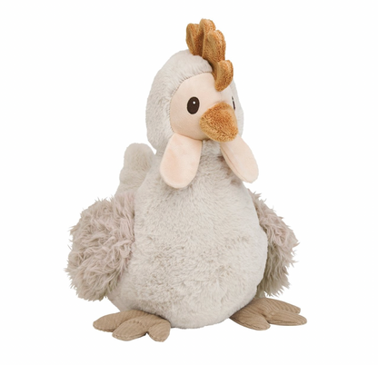Product shot — round grey body, shaggy wings, golden comb, wide eyes, wing-tip hands, white background