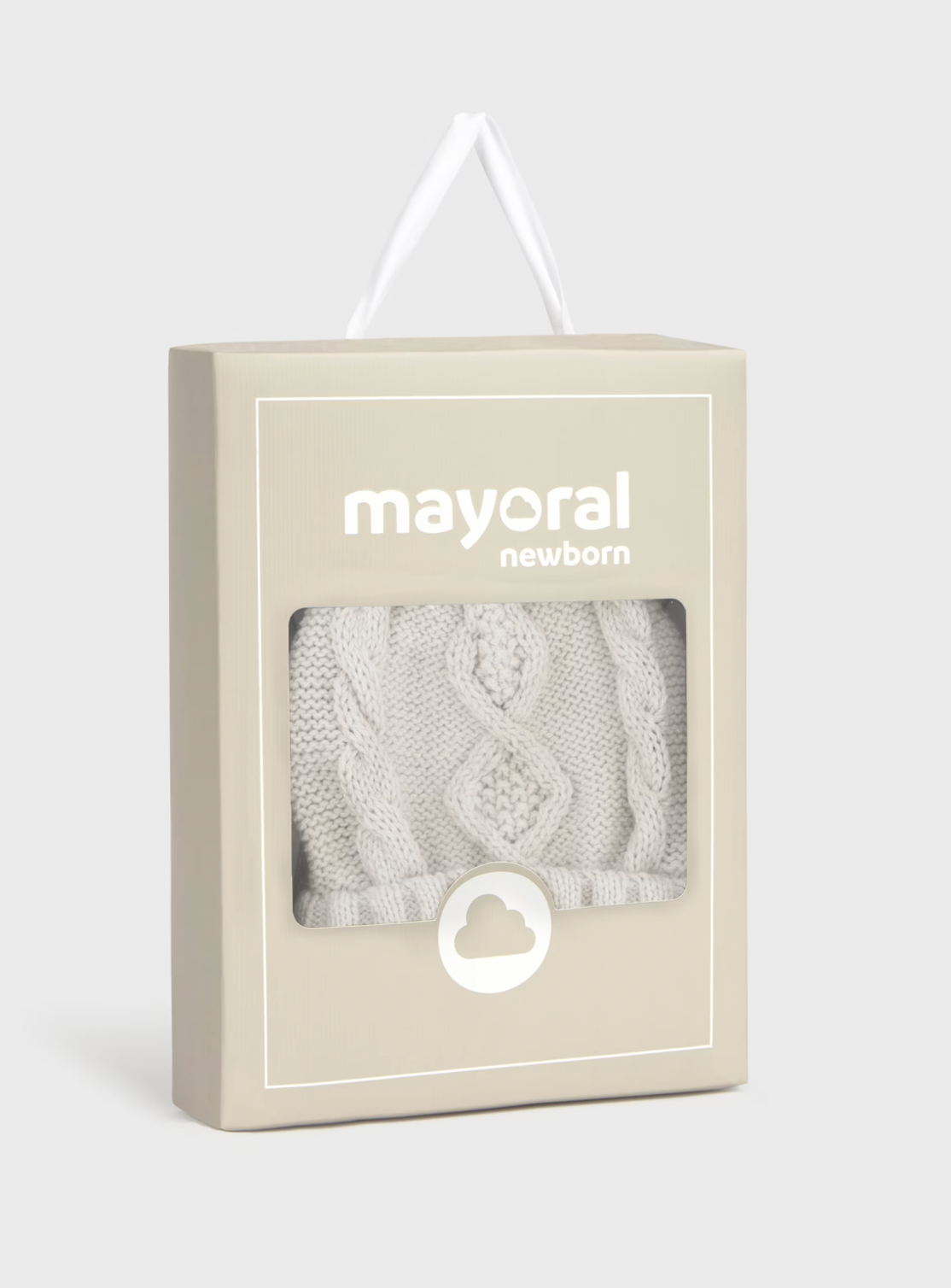 Mayoral Newborn retail gift box — stone/oatmeal box with clear window, white ribbon hanger, cloud badge