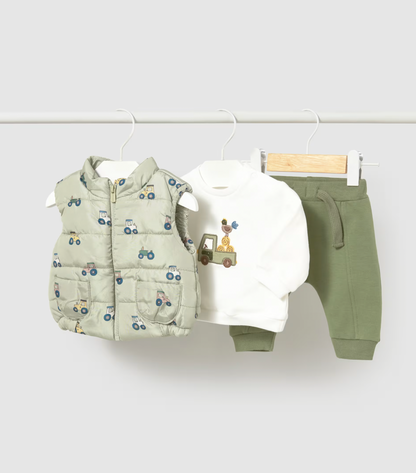 White BG flat lay — all 3 pieces separate; embroidered top, olive joggers, tractor print gilet